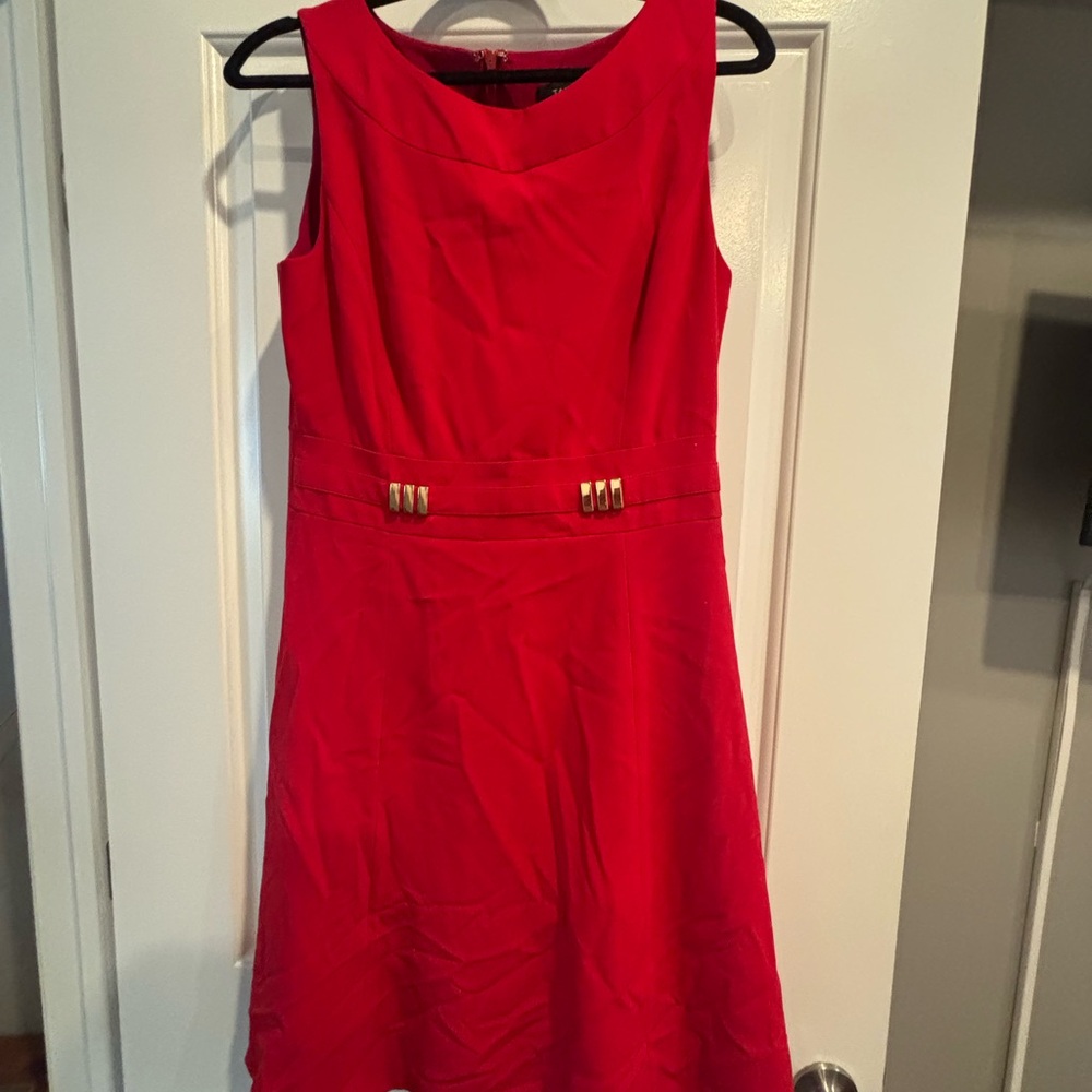 Tahari ASL Vibrant Red Mini Dress with gold accent belt